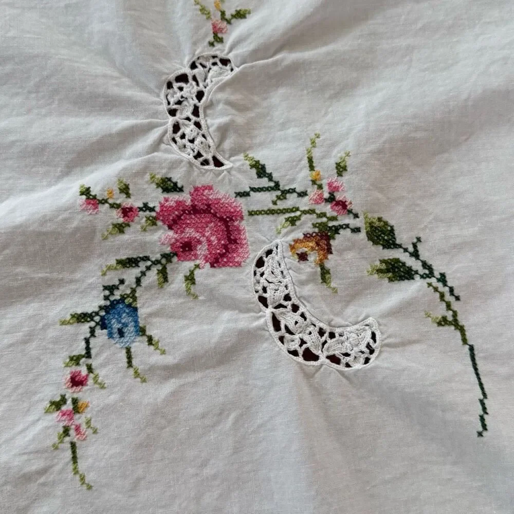 Vintage Embroidered Cross Stitch White Floral Battenberg Lace Oval Tablecloth 93